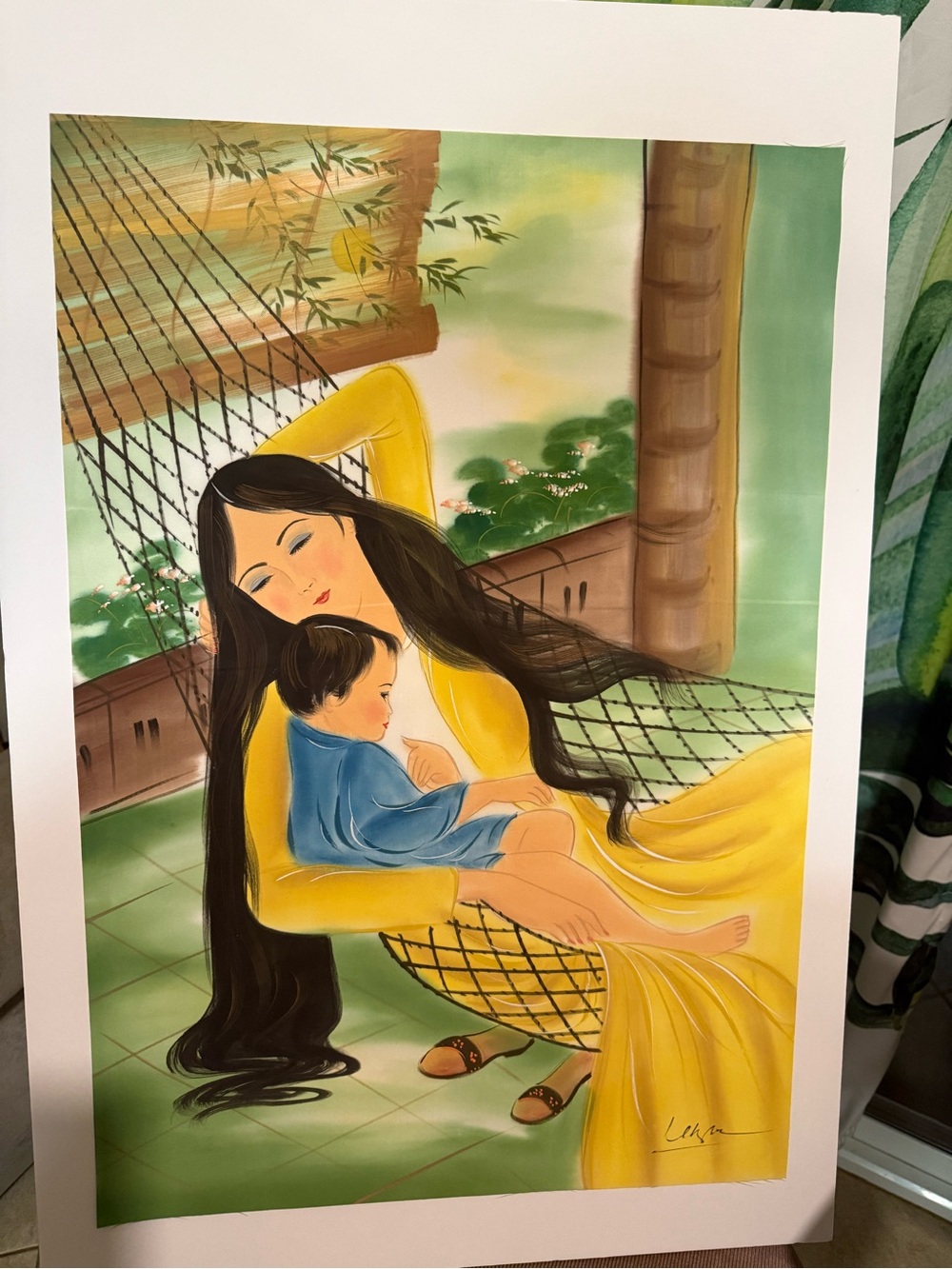 Beautiful Vietnamese SilkPainting - Mother & Child in Hammock (Lê Van ĐệStyle)